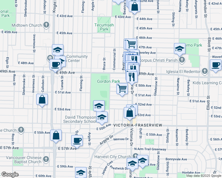 map of restaurants, bars, coffee shops, grocery stores, and more near 1805 East 51st Avenue in Vancouver