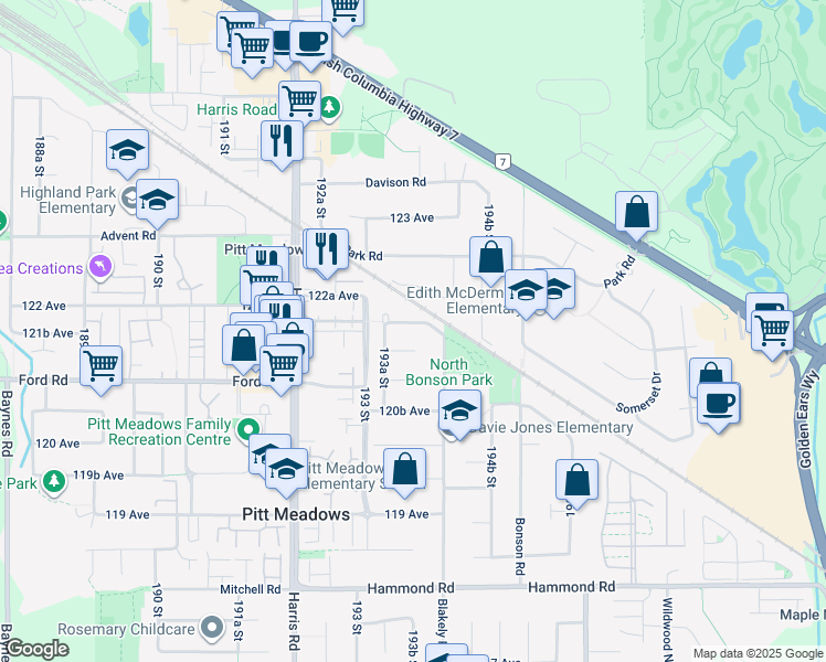map of restaurants, bars, coffee shops, grocery stores, and more near 19360 121B Avenue in Pitt Meadows