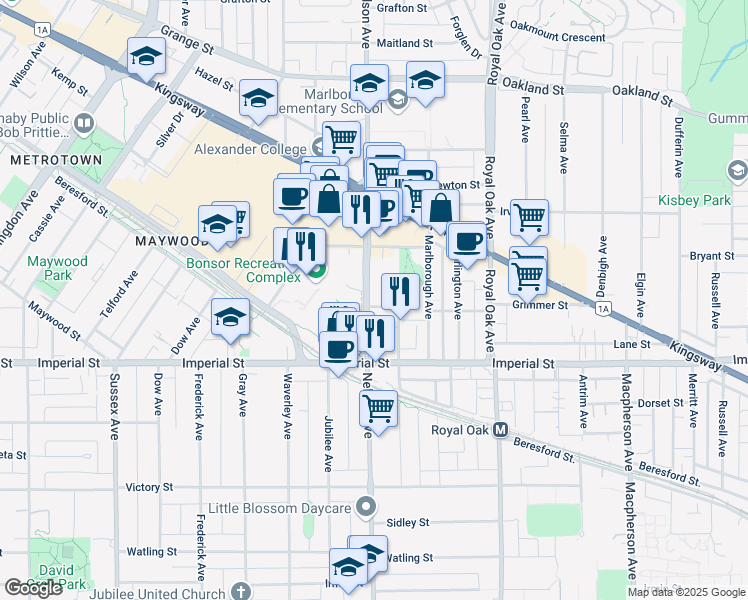 map of restaurants, bars, coffee shops, grocery stores, and more near 6590 Nelson Avenue in Burnaby