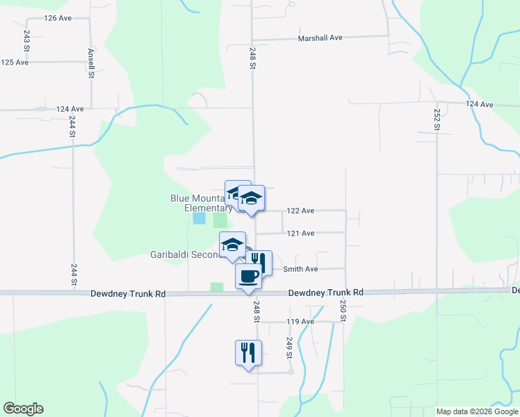 map of restaurants, bars, coffee shops, grocery stores, and more near 24813 122 Avenue in Maple Ridge