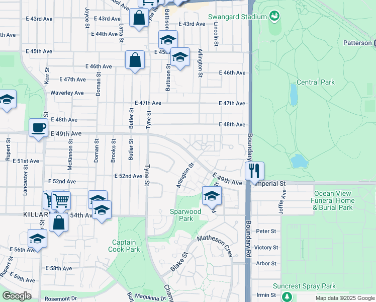 map of restaurants, bars, coffee shops, grocery stores, and more near 3469 East 49th Avenue in Vancouver