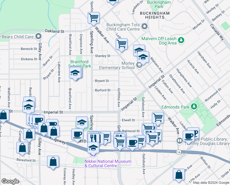 map of restaurants, bars, coffee shops, grocery stores, and more near 6880 Burford Street in Burnaby