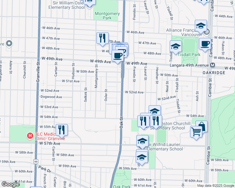 map of restaurants, bars, coffee shops, grocery stores, and more near 1016 West 52nd Avenue in Vancouver