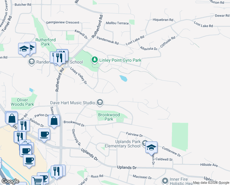 map of restaurants, bars, coffee shops, grocery stores, and more near 5757 Linyard Road in Nanaimo