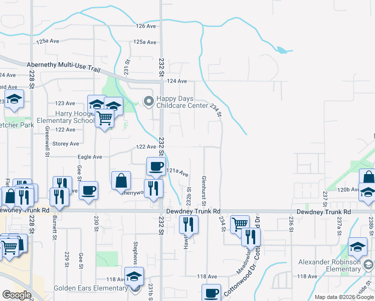 map of restaurants, bars, coffee shops, grocery stores, and more near 23262 122 Avenue in Maple Ridge