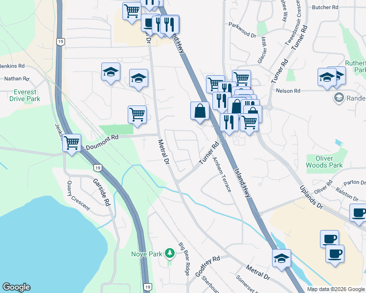 map of restaurants, bars, coffee shops, grocery stores, and more near 5854 Turner Road in Nanaimo