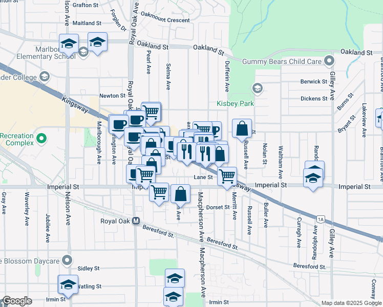 map of restaurants, bars, coffee shops, grocery stores, and more near 5597 Kingsway in Burnaby