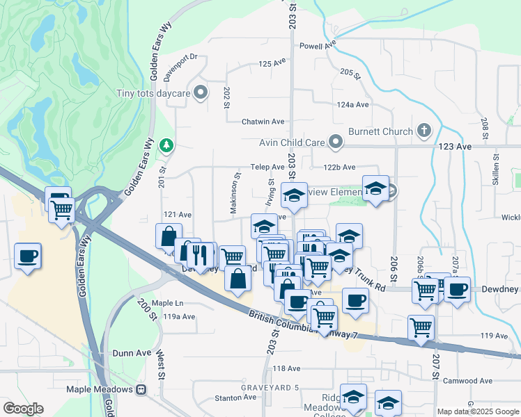 map of restaurants, bars, coffee shops, grocery stores, and more near 12125 Irving Street in Maple Ridge