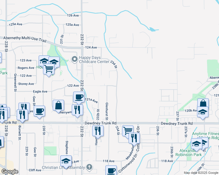 map of restaurants, bars, coffee shops, grocery stores, and more near 23338 122 Avenue in Maple Ridge