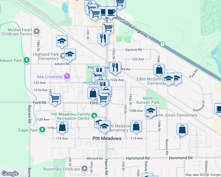 map of restaurants, bars, coffee shops, grocery stores, and more near 12190 Harris Road in Pitt Meadows
