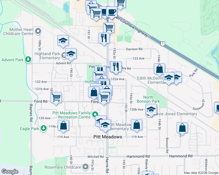 map of restaurants, bars, coffee shops, grocery stores, and more near 12190 Harris Road in Pitt Meadows