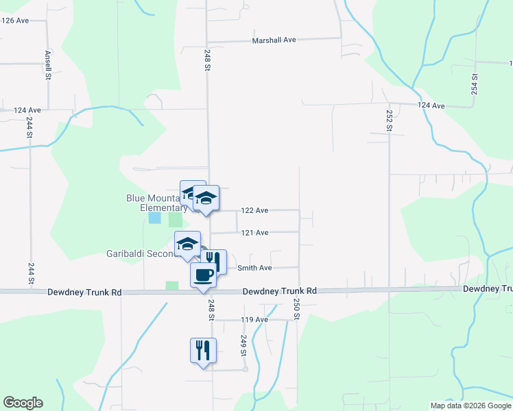 map of restaurants, bars, coffee shops, grocery stores, and more near 24907 122 Avenue in Maple Ridge