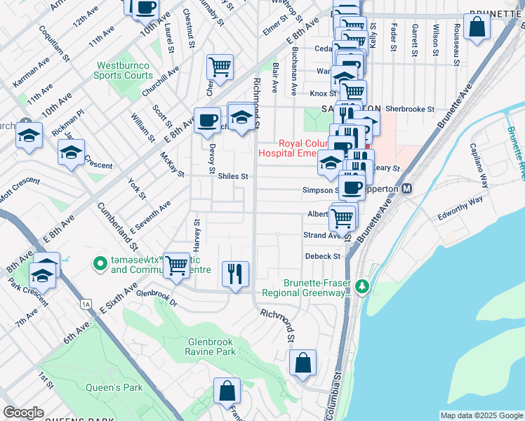 map of restaurants, bars, coffee shops, grocery stores, and more near 367 Alberta Street in New Westminster