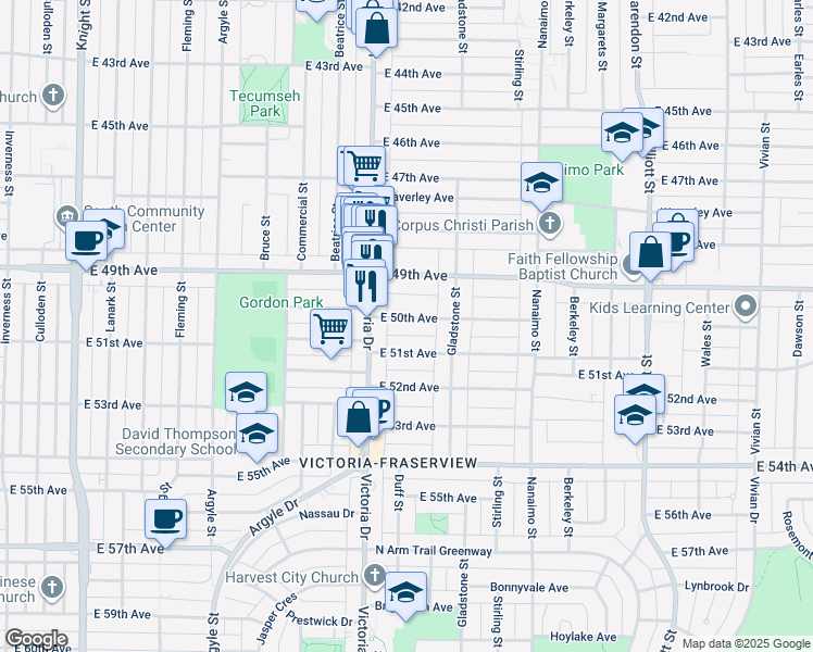 map of restaurants, bars, coffee shops, grocery stores, and more near 2074 East 50th Avenue in Vancouver