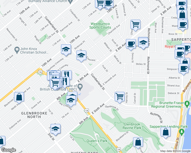 map of restaurants, bars, coffee shops, grocery stores, and more near 717 Cumberland Street in New Westminster
