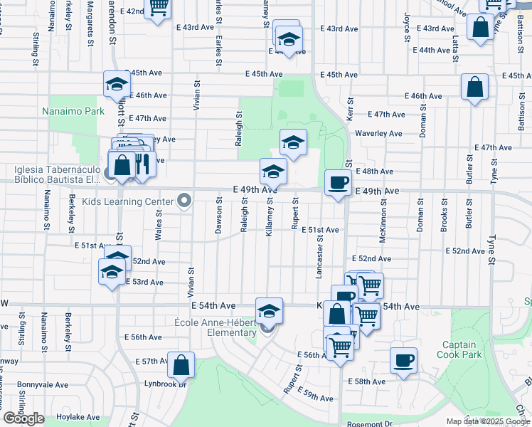 map of restaurants, bars, coffee shops, grocery stores, and more near 6589 Killarney Street in Vancouver