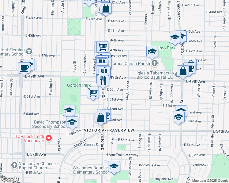 map of restaurants, bars, coffee shops, grocery stores, and more near 2076 East 50th Avenue in Vancouver