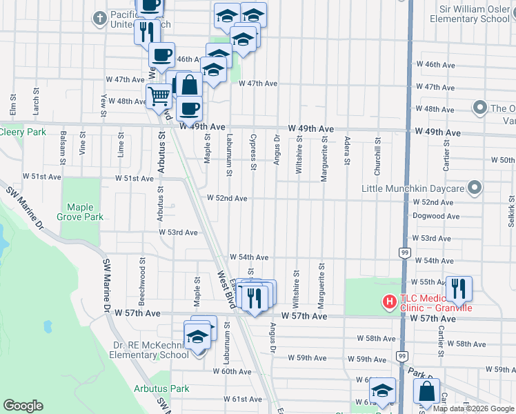 map of restaurants, bars, coffee shops, grocery stores, and more near 6828 Cypress Street in Vancouver