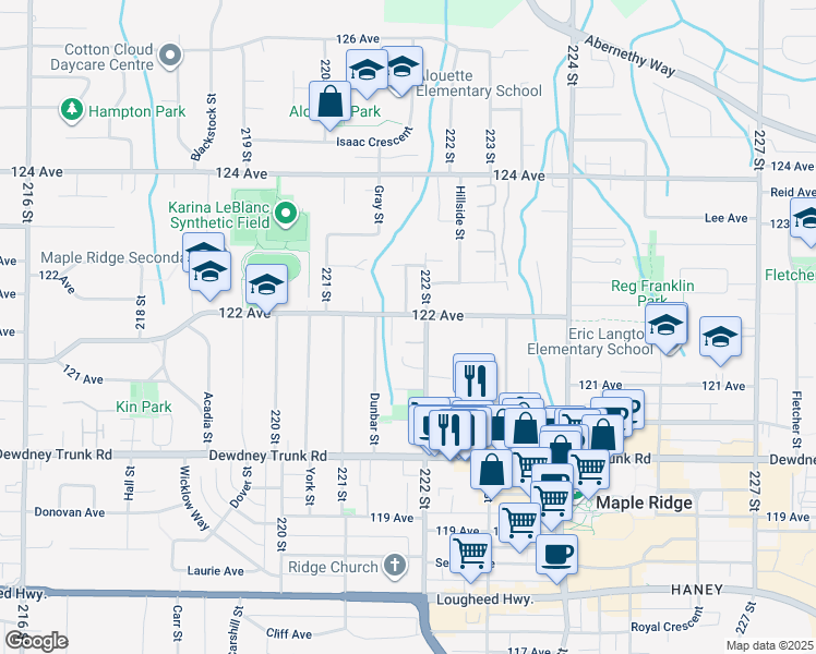 map of restaurants, bars, coffee shops, grocery stores, and more near 22180 122 Avenue in Maple Ridge