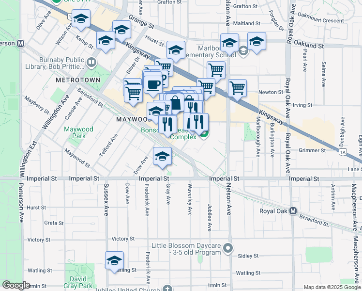 map of restaurants, bars, coffee shops, grocery stores, and more near 6595 Bonsor Avenue in Burnaby