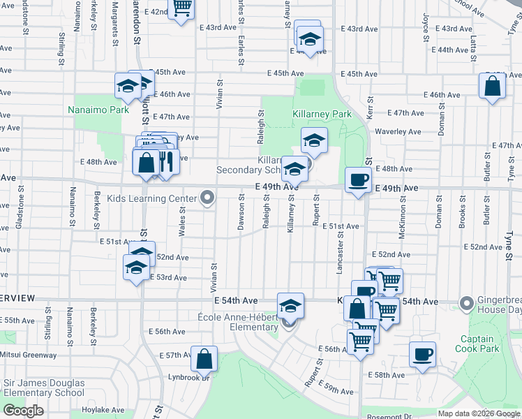 map of restaurants, bars, coffee shops, grocery stores, and more near in Vancouver