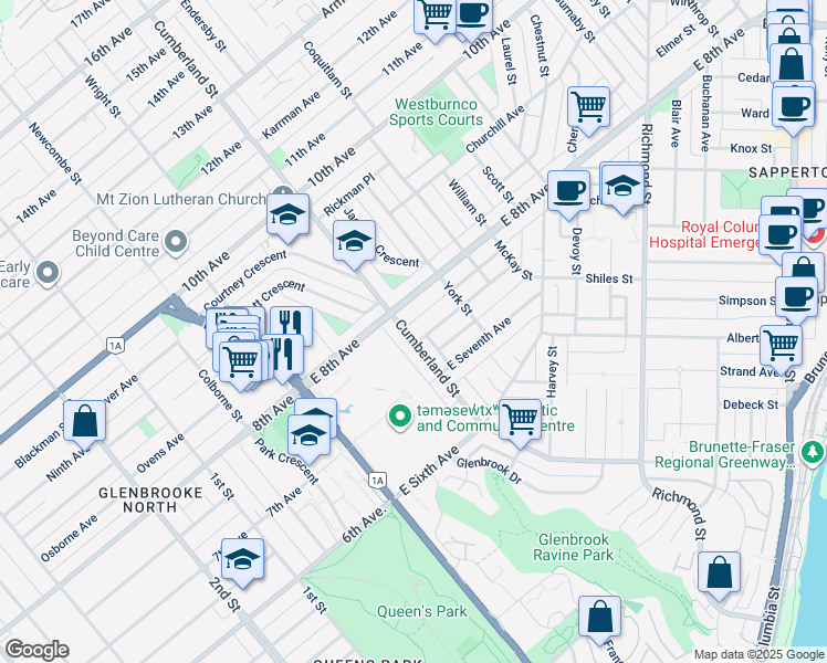 map of restaurants, bars, coffee shops, grocery stores, and more near 717 Cumberland Street in New Westminster