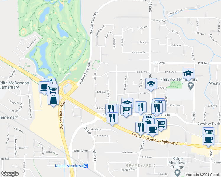 map of restaurants, bars, coffee shops, grocery stores, and more near 12134 201B Street in Maple Ridge