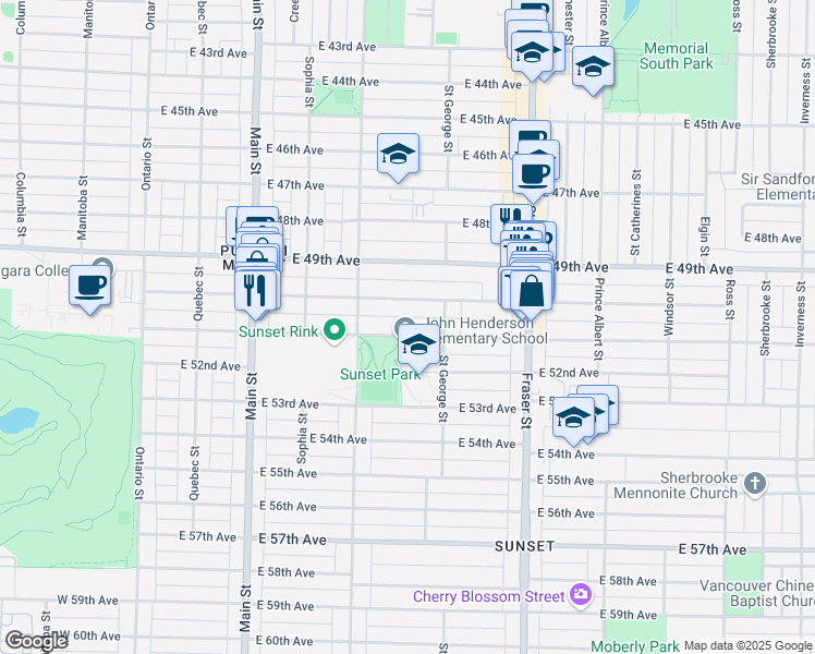 map of restaurants, bars, coffee shops, grocery stores, and more near 455 East 51st Avenue in Vancouver