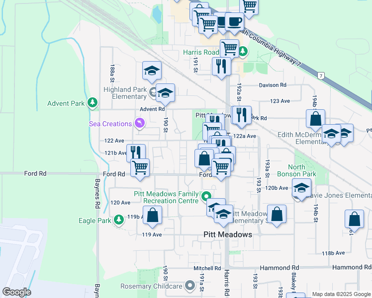 map of restaurants, bars, coffee shops, grocery stores, and more near 19122 122 Avenue in Pitt Meadows