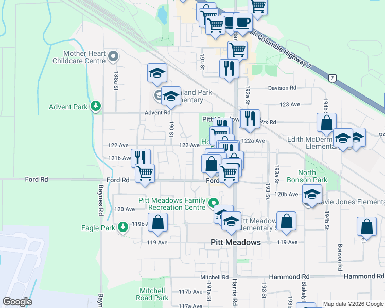 map of restaurants, bars, coffee shops, grocery stores, and more near 19122 122 Avenue in Pitt Meadows