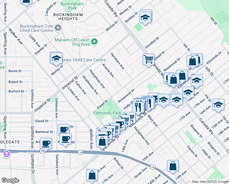 map of restaurants, bars, coffee shops, grocery stores, and more near 7475 Elwell Street in Burnaby