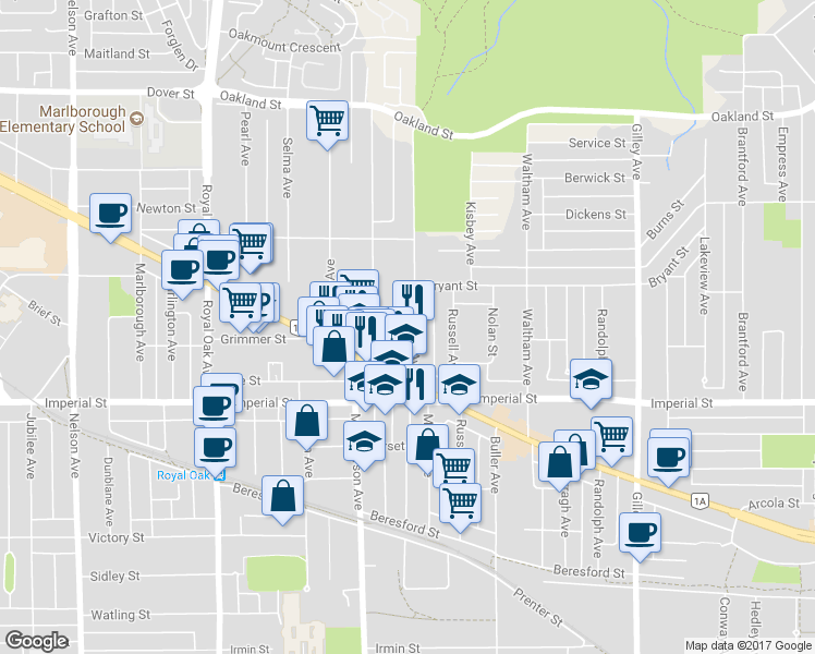 map of restaurants, bars, coffee shops, grocery stores, and more near 6615 Dufferin Avenue in Burnaby