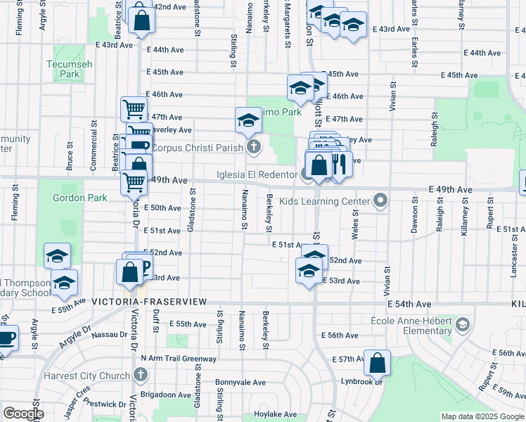 map of restaurants, bars, coffee shops, grocery stores, and more near 6605 Berkeley Street in Vancouver
