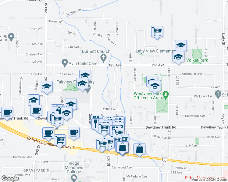 map of restaurants, bars, coffee shops, grocery stores, and more near 12199 207A Street in Maple Ridge