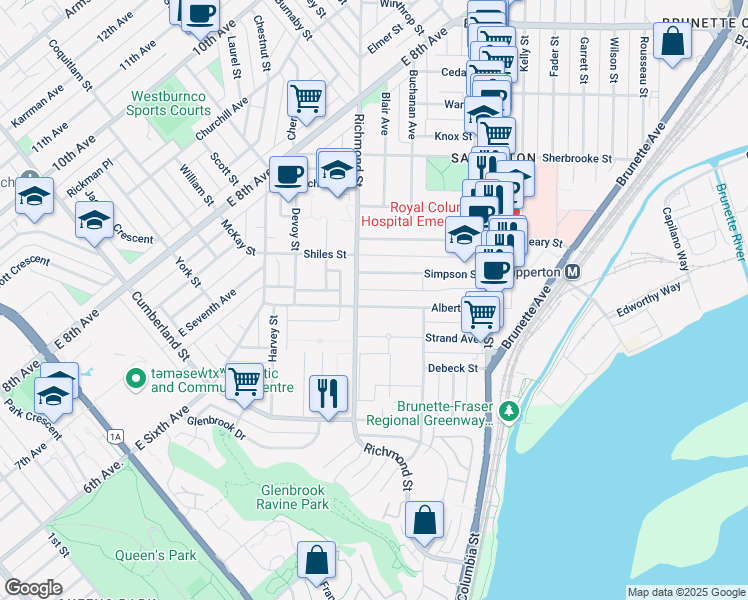 map of restaurants, bars, coffee shops, grocery stores, and more near 363 Alberta Street in New Westminster
