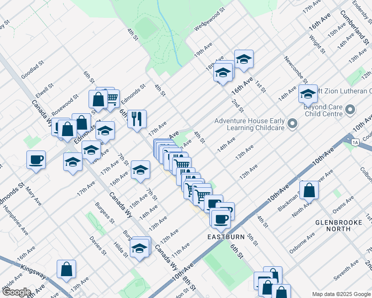 map of restaurants, bars, coffee shops, grocery stores, and more near 7964 Graham Avenue in Burnaby