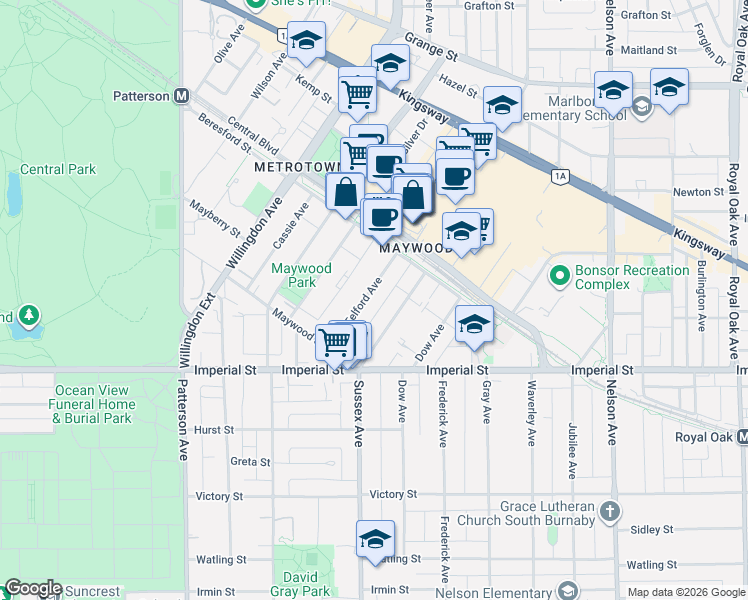map of restaurants, bars, coffee shops, grocery stores, and more near in Burnaby