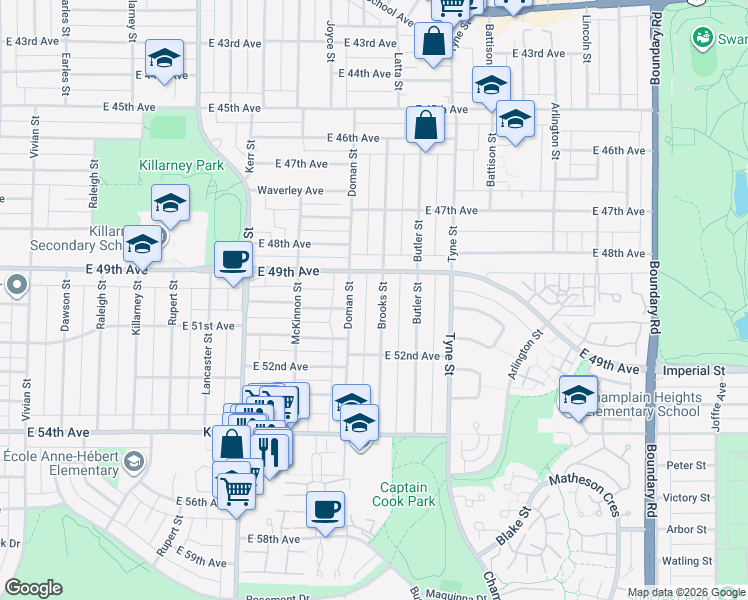 map of restaurants, bars, coffee shops, grocery stores, and more near in Vancouver