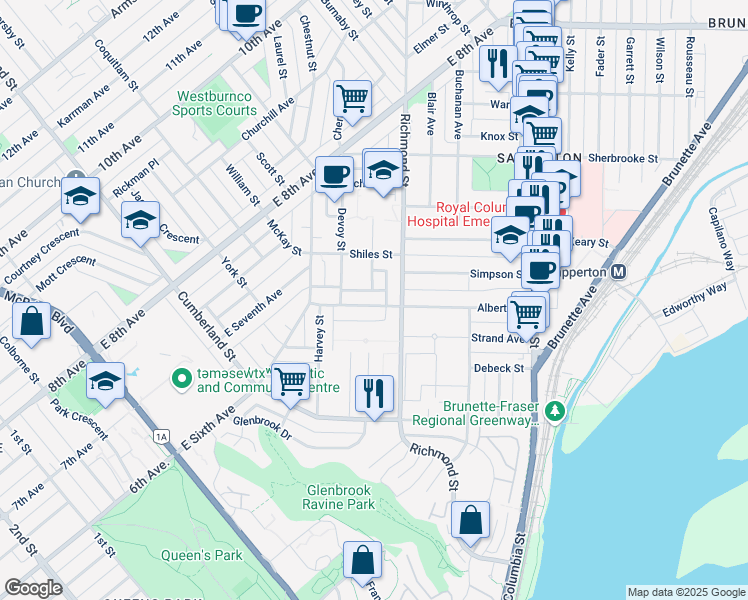 map of restaurants, bars, coffee shops, grocery stores, and more near 415 Alberta Street in New Westminster