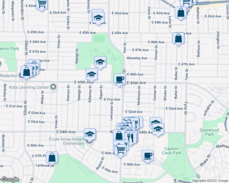 map of restaurants, bars, coffee shops, grocery stores, and more near 6584 Lancaster Street in Vancouver