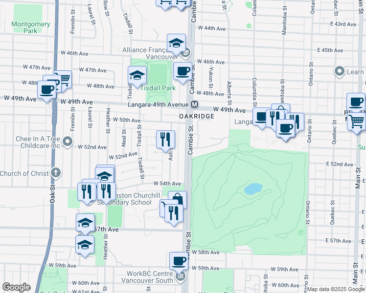 map of restaurants, bars, coffee shops, grocery stores, and more near 6733 Cambie Street in Vancouver