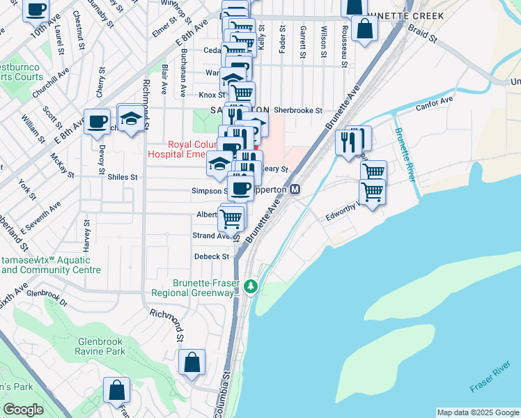 map of restaurants, bars, coffee shops, grocery stores, and more near 228 Nelson's Crescent in New Westminster