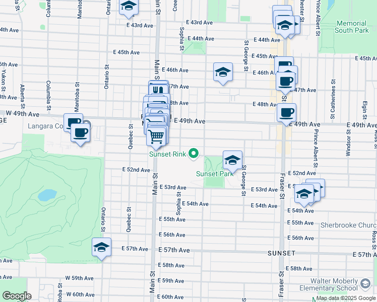 map of restaurants, bars, coffee shops, grocery stores, and more near 335 East 51st Avenue in Vancouver