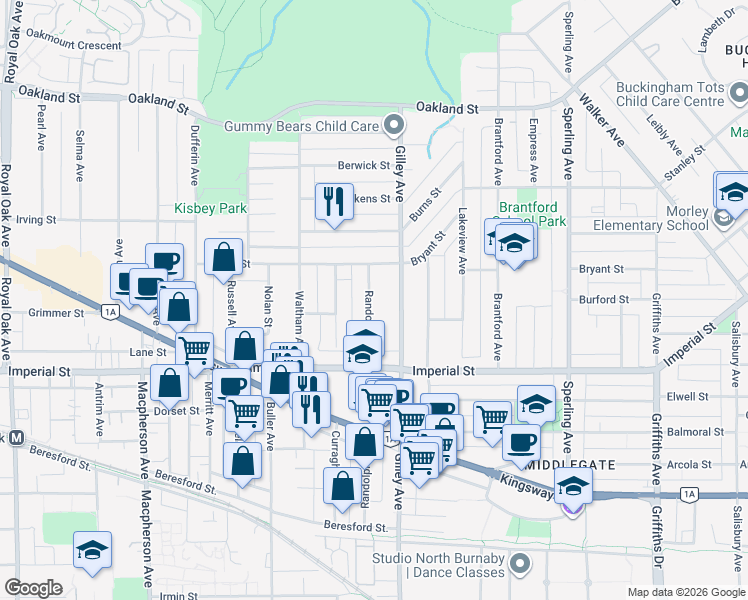 map of restaurants, bars, coffee shops, grocery stores, and more near 6602 Randolph Avenue in Burnaby