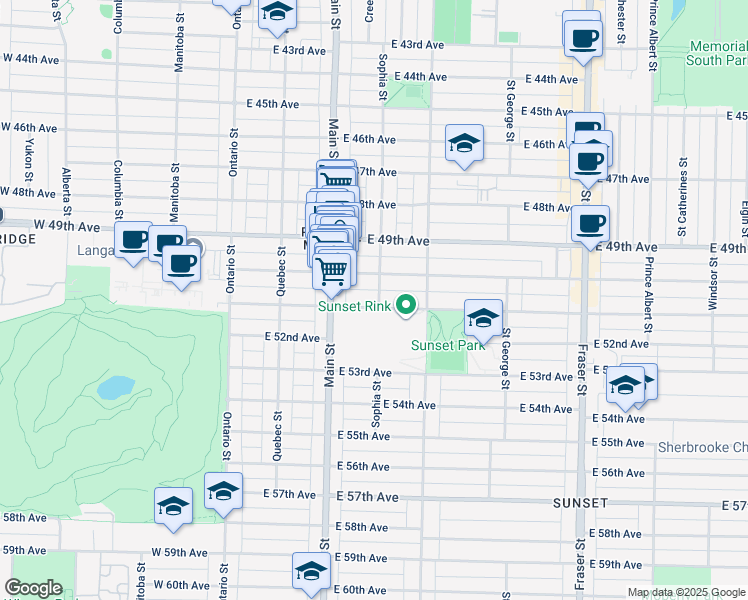 map of restaurants, bars, coffee shops, grocery stores, and more near 297 East 51st Avenue in Vancouver