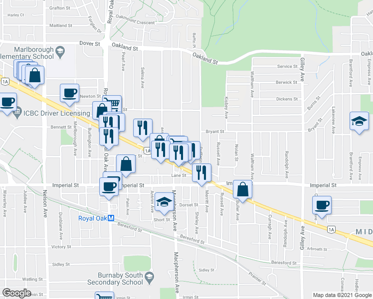 map of restaurants, bars, coffee shops, grocery stores, and more near 6618 Elgin Avenue in Burnaby