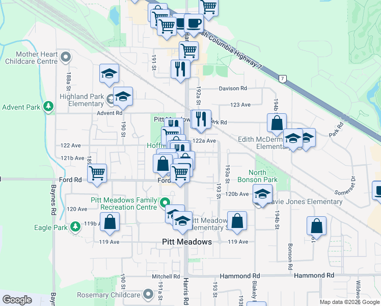 map of restaurants, bars, coffee shops, grocery stores, and more near 12190 Harris Road in Pitt Meadows