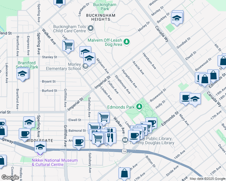 map of restaurants, bars, coffee shops, grocery stores, and more near 6691 Fulton Avenue in Burnaby