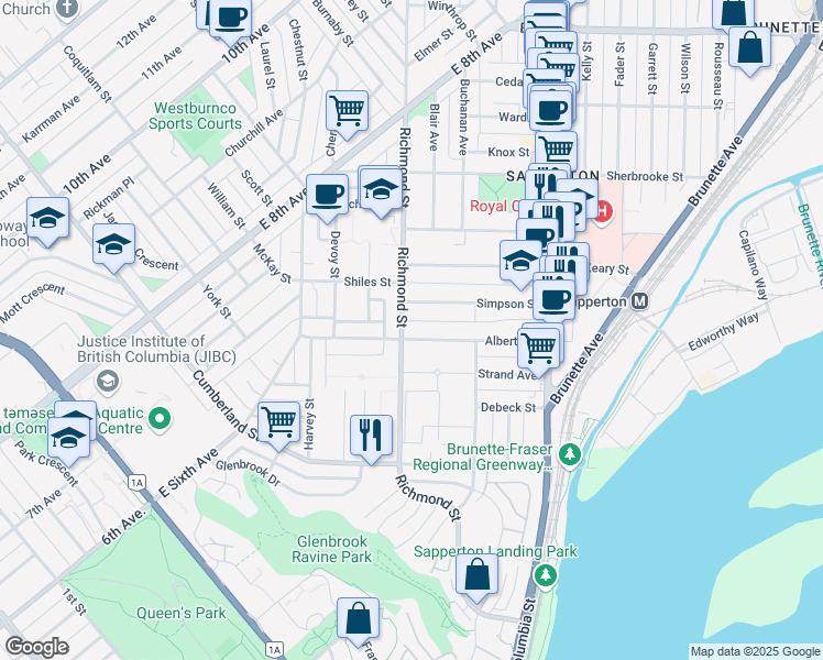 map of restaurants, bars, coffee shops, grocery stores, and more near 150 Richmond Street in New Westminster