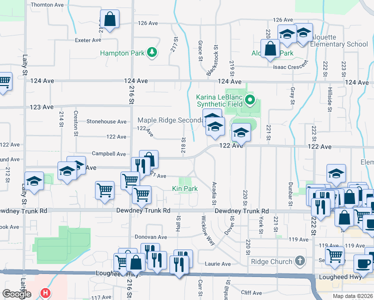 map of restaurants, bars, coffee shops, grocery stores, and more near 12180 218 Street in Maple Ridge
